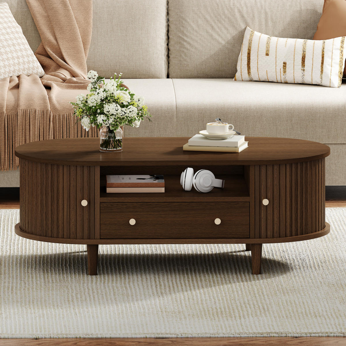 COUCHTISCH 100/50/36 cm mit Schublade, offener Ablage und Rolltür aus MDF, Walnuss - Nussbaumfarben, Holzwerkstoff (100/50/36cm) - Redom