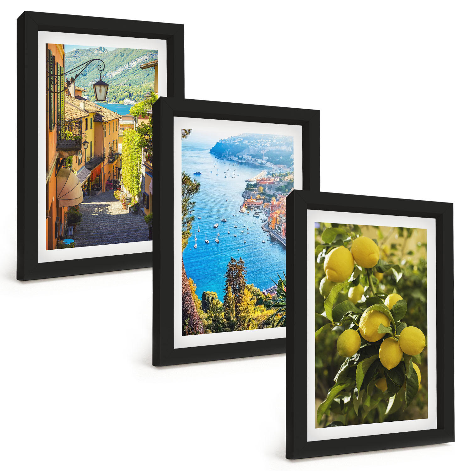 BILDER SET 3er Set - 20x30 cm Schwarzer Rahmen - Straßen am Meer, ein Meer aus Zitronen - Schwarz, Kunststoff (20/30cm) - TULUP