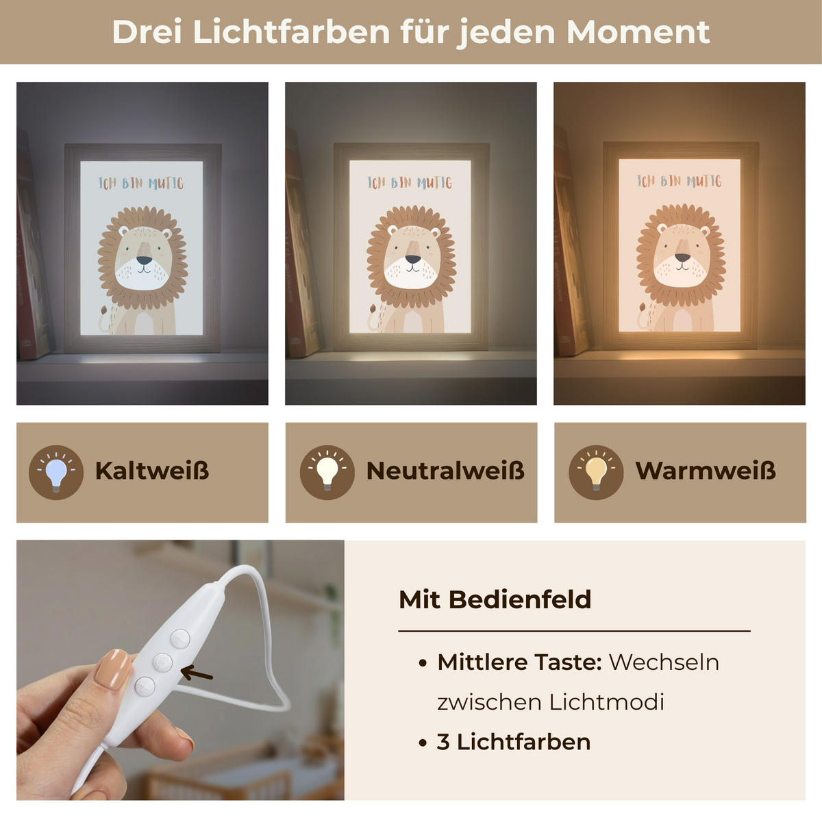 NACHTTISCHLAMPE Löwe - Beige - Tier - Mutig - Zitat 15x20 cm - Beige, Holzwerkstoff (8/15/20cm)