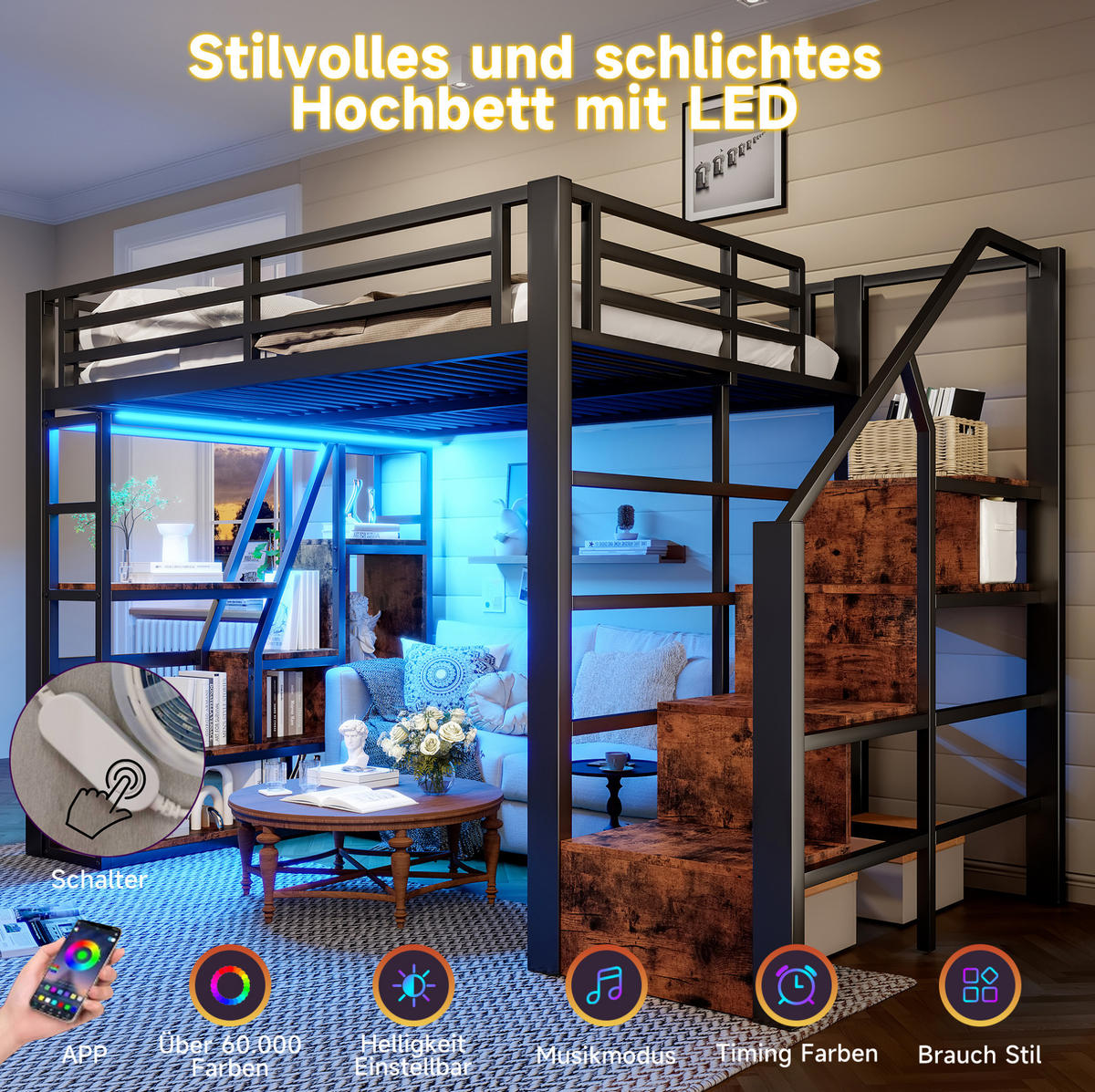 HOCHBETT 140/200 cm Schwarz aus Metall und MDF mit LED-Lichtleiste - Schwarz, Holzwerkstoff (140/200cm) - OKMYHOME