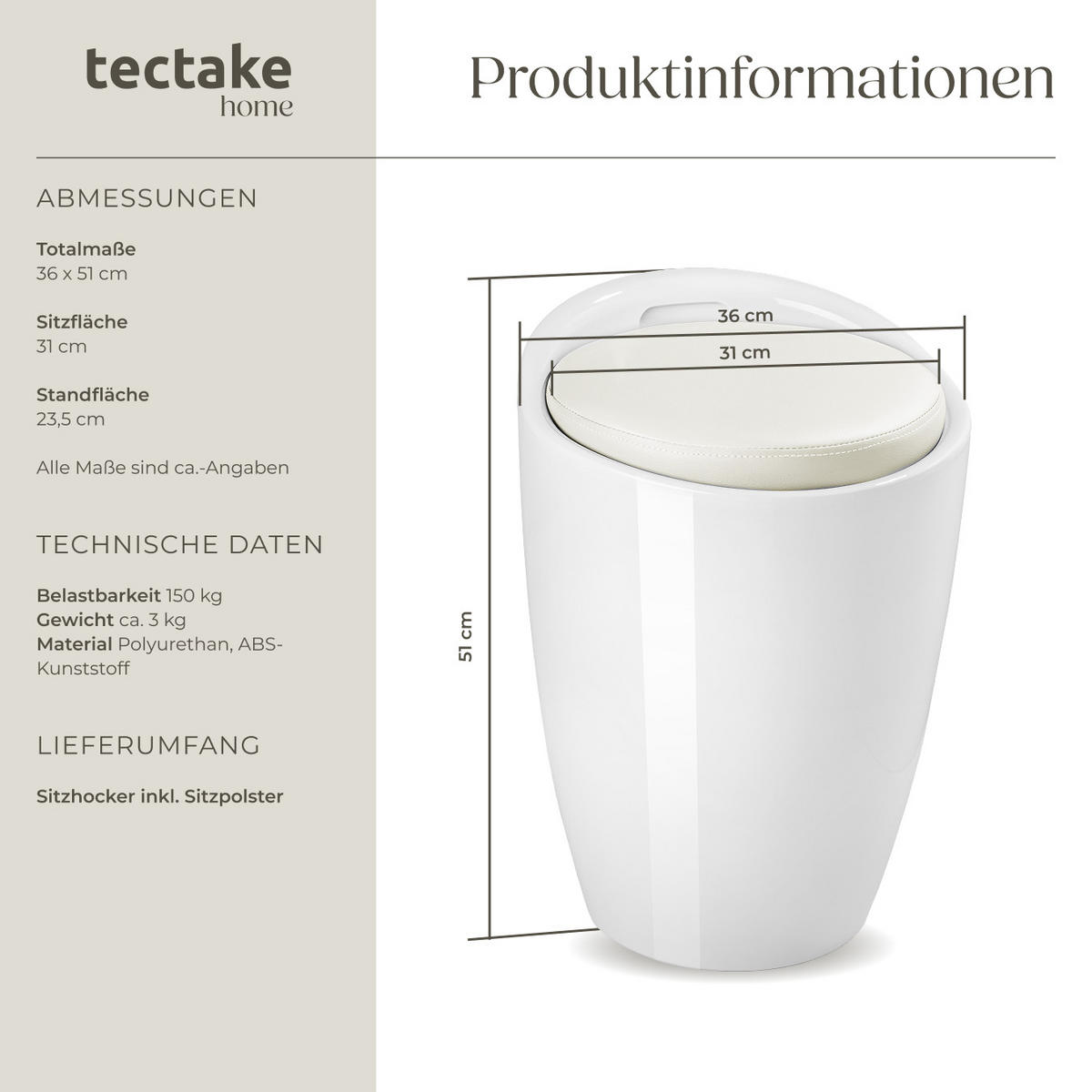 SITZHOCKER ,36 x 51 cm,weiß - Weiß, Kunststoff (36/51/36cm) - tectake