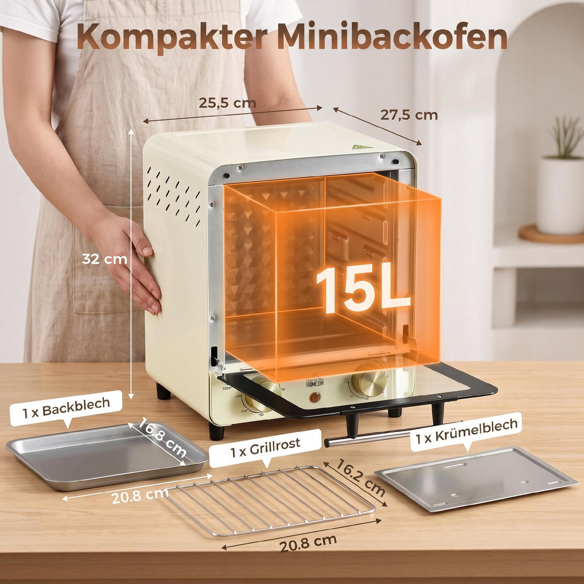 MINIBACKOFEN Eisen Edelstahl gehärtetes Glas Cremeweiß - Creme, Metall (25.5/27.5/32cm) - HOMCOM