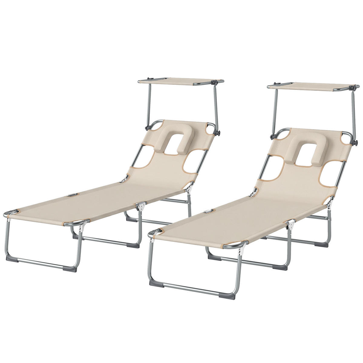 GARTENSONNENLIEGE, 2er-Set, Beige, 360° Sonnendach, Gesichtsöffnung, Seitentasche - Weiß, Metall (188/27/56cm) - Vallsero