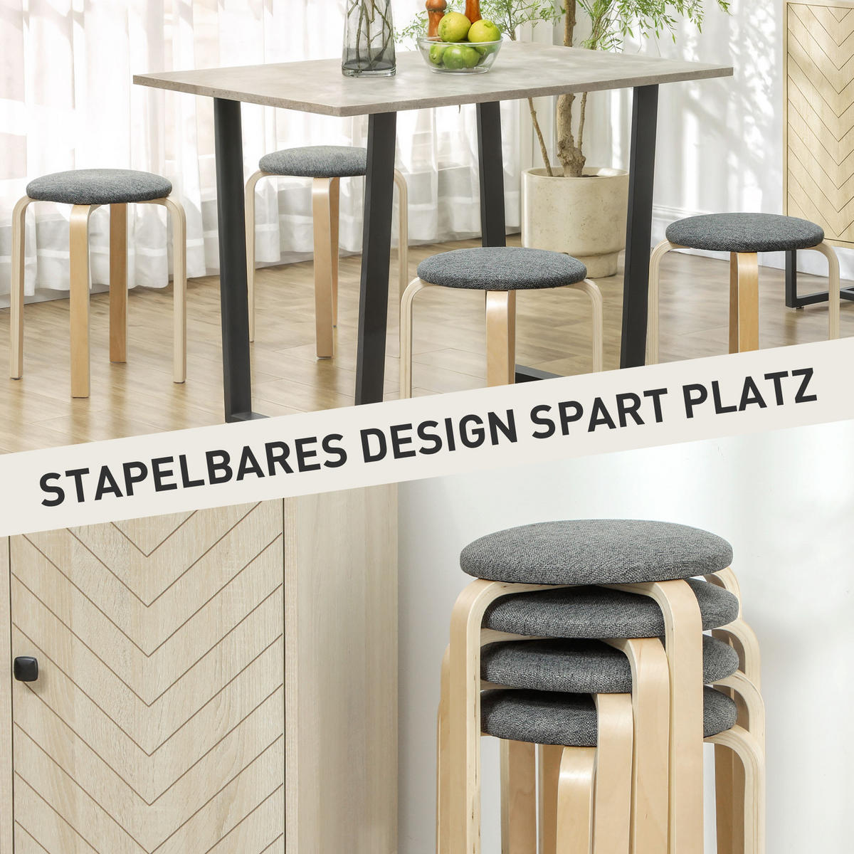 ESSZIMMERHOCKER 4er Set Stapelhocker Runde Hocker, Grau - Grau, Holzwerkstoff (40/45/40cm) - HOMCOM