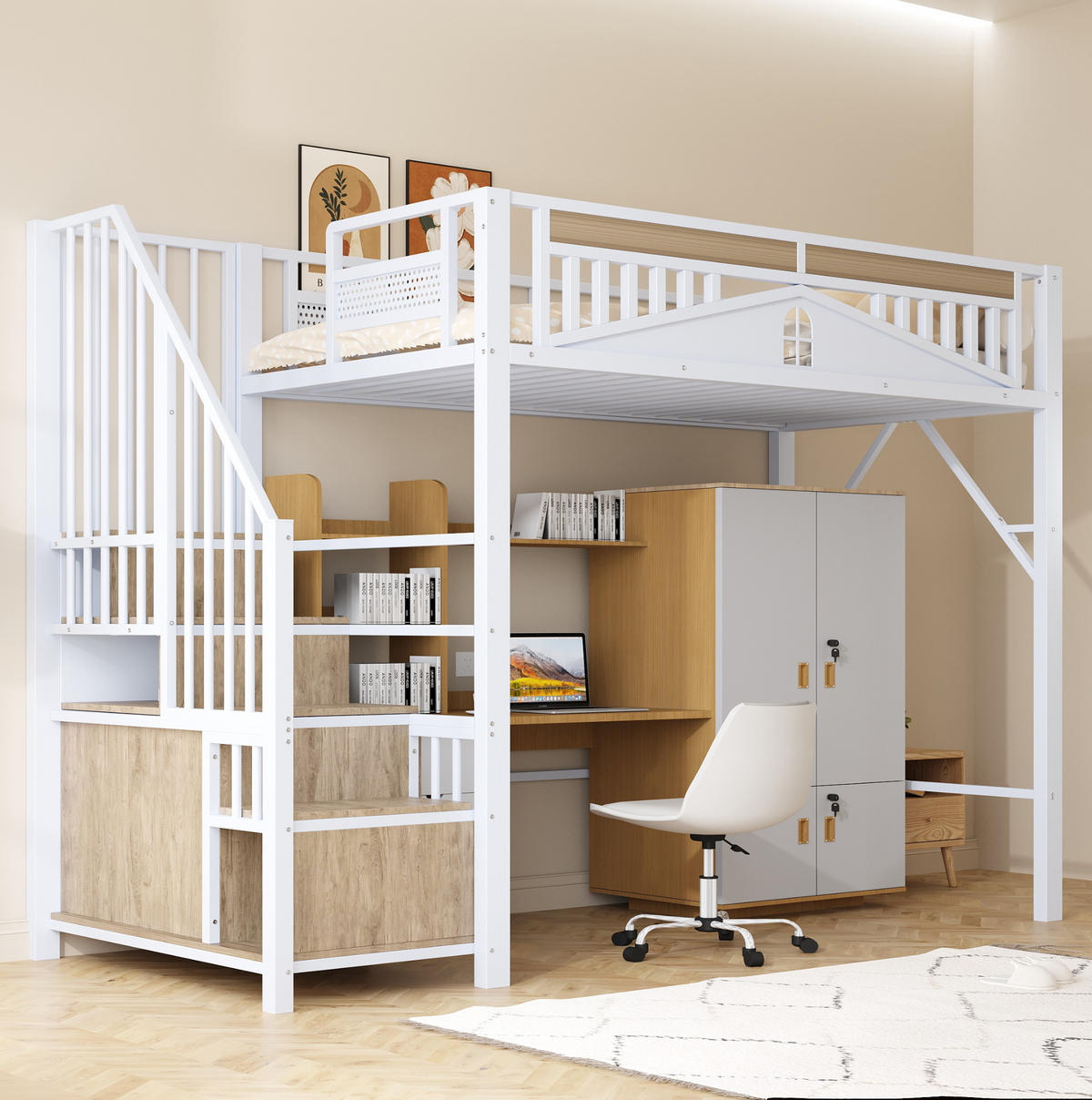 HOCHBETT 90/200 cm aus Metall und Holz mit Stauraumtreppe und Sicherheitszaun Weiß - Weiß, Metall (90/200cm) - Modenvie