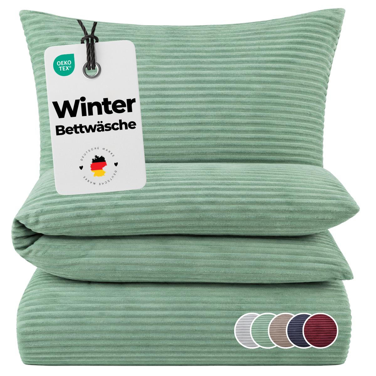 WINTER-BETTWÄSCHE 135x200 Cashmere Touch - Warme Plüsch Rip Cord Kuschelbettwäsche- Salbeigrün - Salbeigrün, Textil (135/200cm) - Carpe Sonno