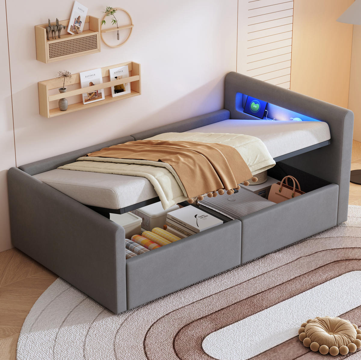 POLSTERBETT 90/200 cm in Hellgrau mit Stauraum, LED-Beleuchtung und USB-Anschluss - Grau, Textil (90/200cm) - Flora Grace