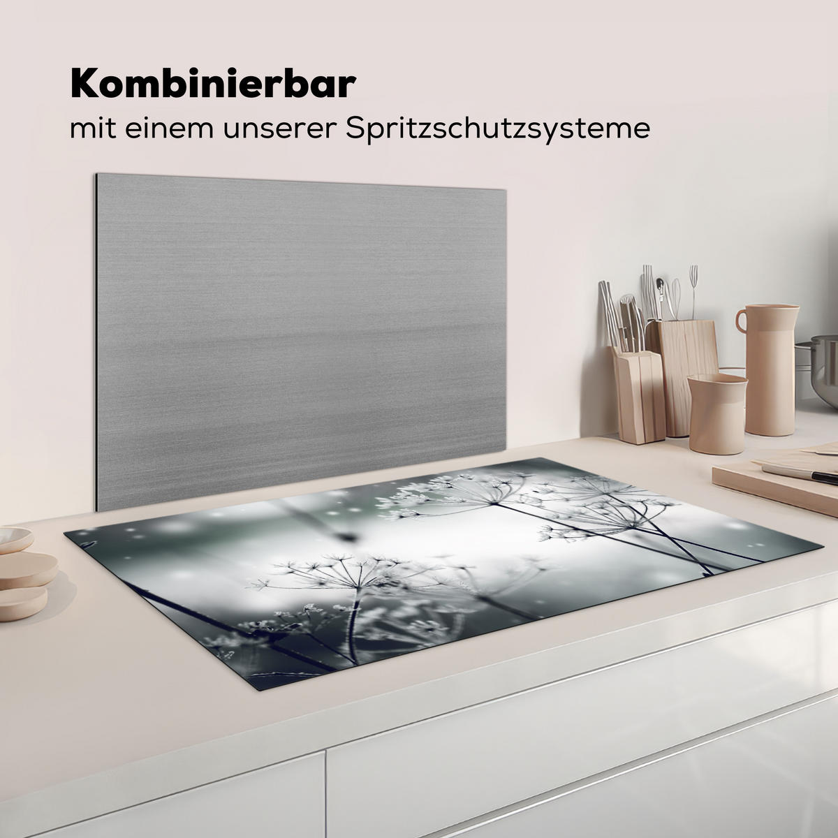 HERDABDECKPLATTE Blumen - Winter - Schnee - Natur Ceranfeldabdeckung 90x52 cm - Grau, Kunststoff (90/52/0.2cm) - MuchoWow