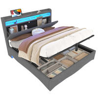POLSTERBETT aus Leinen 140x200 cm Beige mit LED-Beleuchtung, USB-C-Anschlüssen und Bettkasten - Beige, Textil (140/200cm) - IVMEU