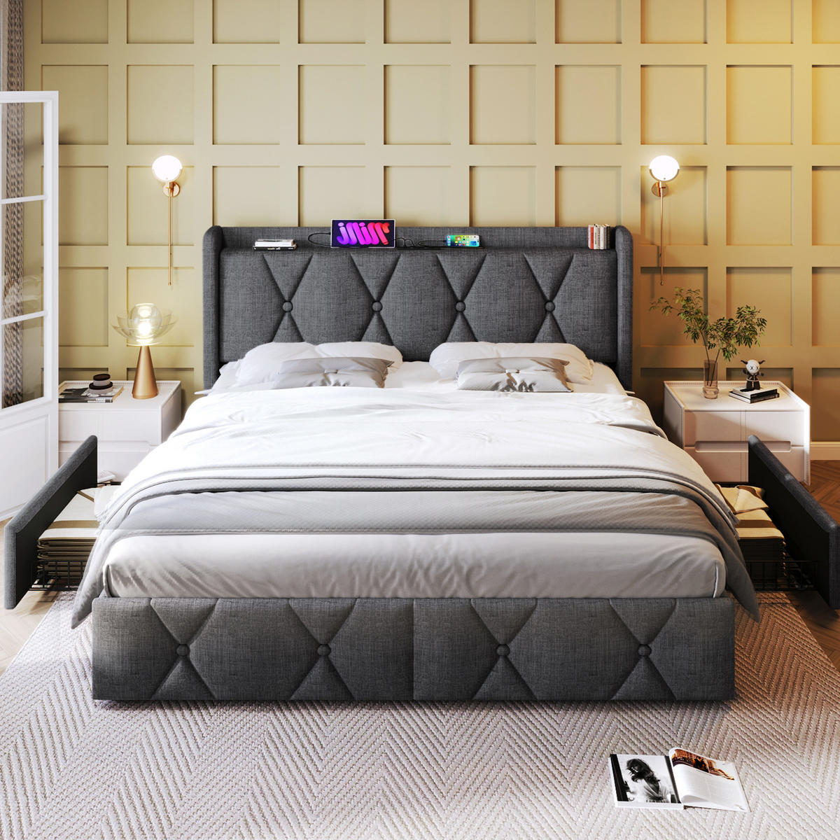 POLSTERBETT 160/200 cm mit USB-Anschlüssen, Steckdosen und 4 Schubladen, Leinenoptik, Grau - Grau, Textil (160/200cm) - Redom