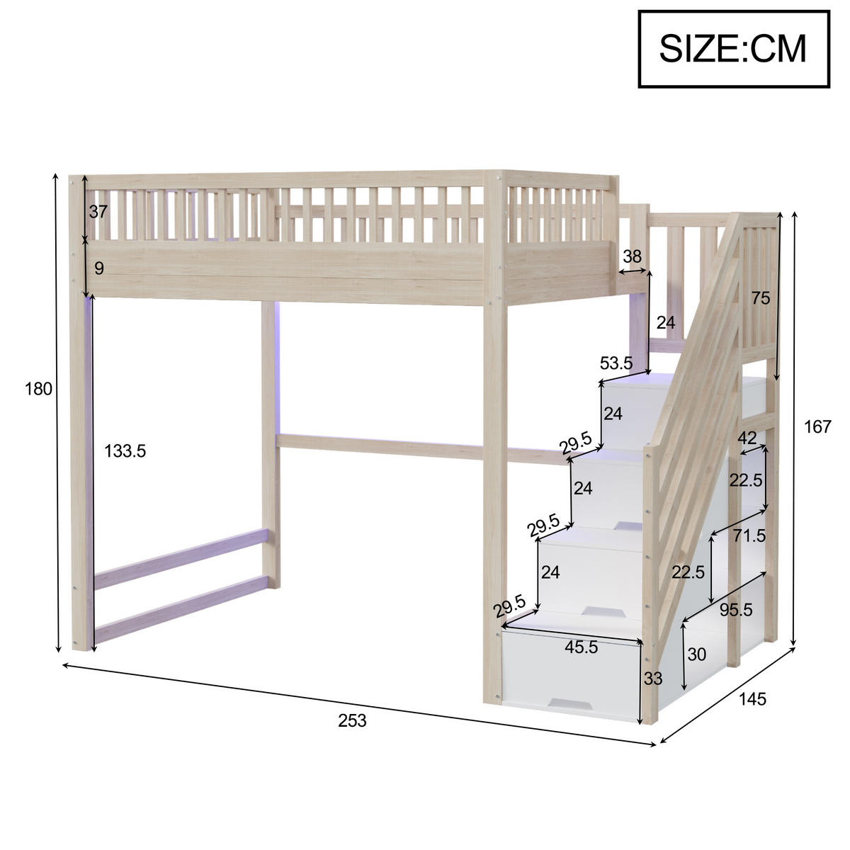 HOCHBETT 140/200 cm in Natur mit Stauraumtreppe und LED - Naturfarben, Holz/Holzwerkstoff (140/200cm) - STILVORA