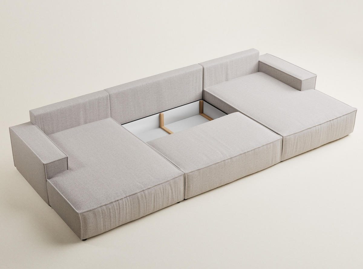 WOHNLANDSCHAFT Kyoto Hellbeige Webstoff - Beige/Schwarz, Holz/Holzwerkstoff (398/70/148cm) - Maison de Reve