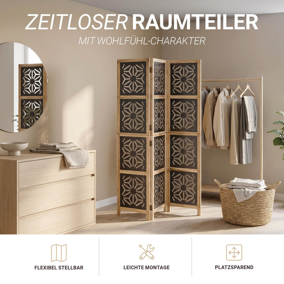 PARAVENT 3-tlg. 120/170 cm Braun Holz-Ornamentik - Braun, Holz (120/170/2cm) - Homestyle4u