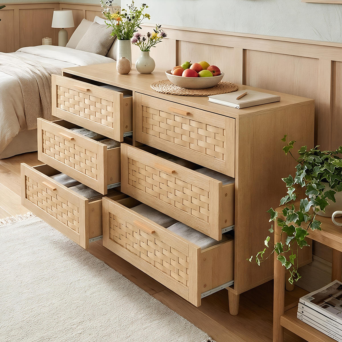 KOMMODE Japandi mit 6 Schubladen in Rattan-Optik 115/40/80 cm Eiche-Dekor - Eichefarben, Holzwerkstoff (115/80/40cm) - Creahappy