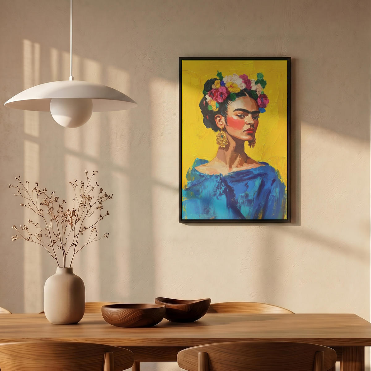 LEINWAND Bilder mit Rahmen - Frida Kahlo - Frau - Gelb - Blau - Blumen - 40x60 - Gelb, Textil (40/60cm) - MuchoWow