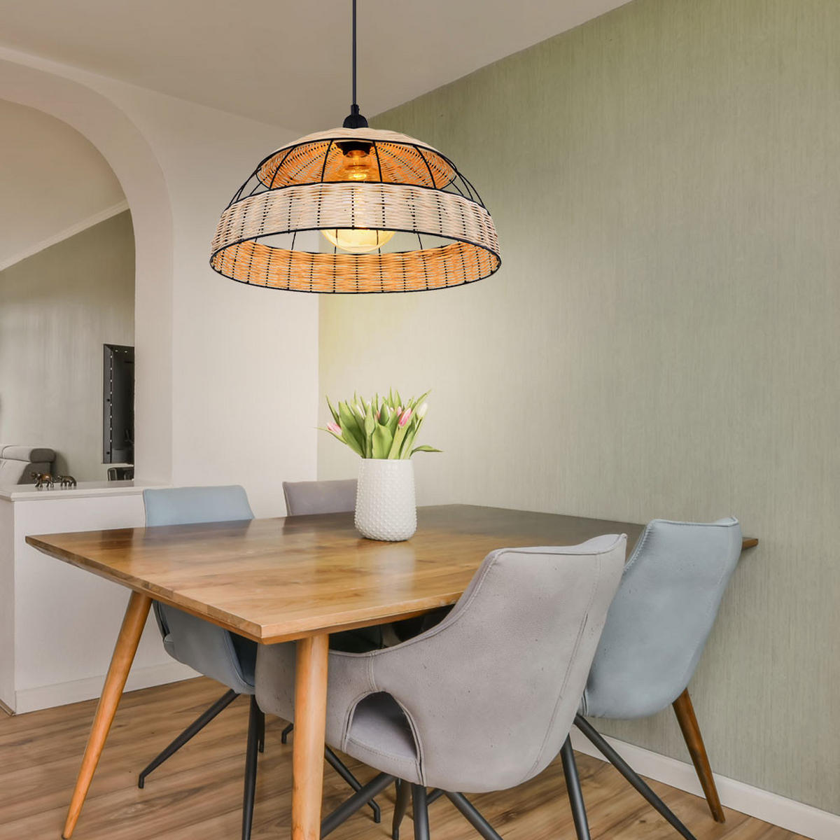 LED HÄNGELEUCHTE Rattan Braun Gitteroptik - Braun, Holz (40/40/120cm) - Globo Lighting