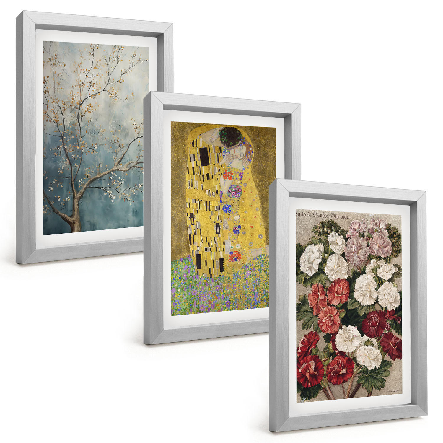 BILDER SET 3er Set - 20x30 cm Silberner Rahmen - Blumen des Baumes (Gemälde von Klimt) - Silberfarben, Kunststoff (20/30cm) - TULUP