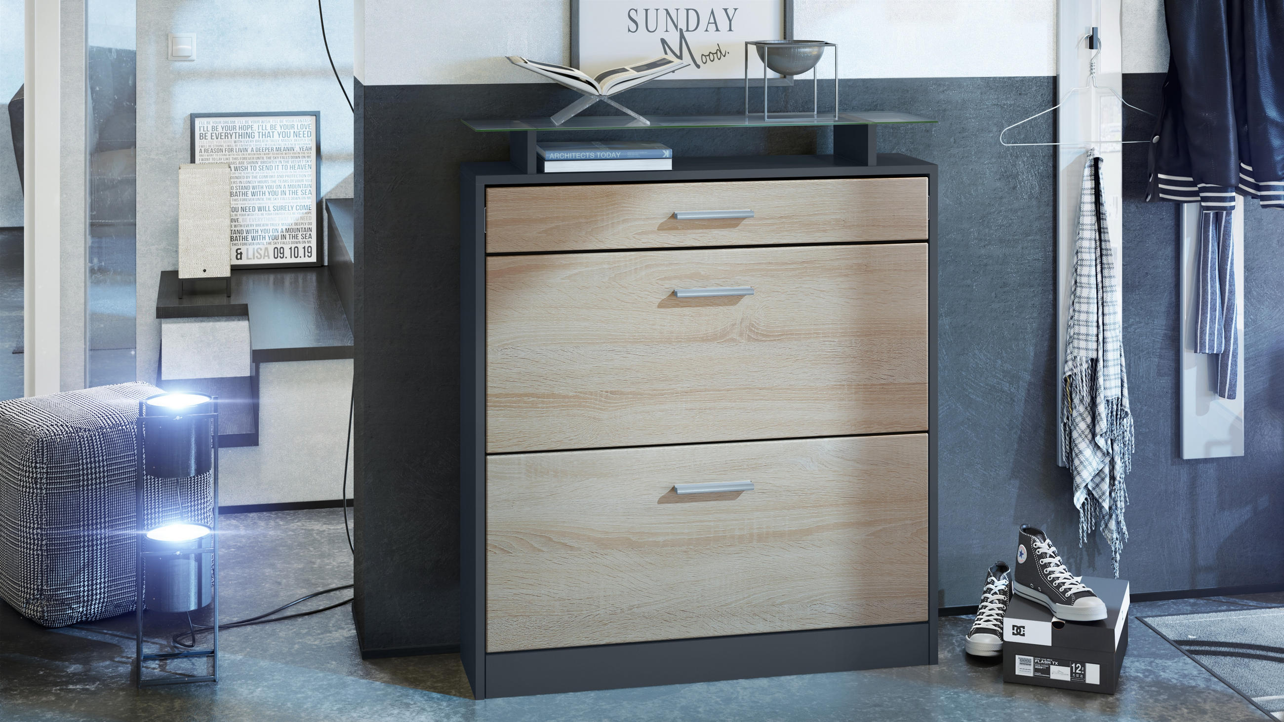 SCHUHSCHRANK Loret Fronten in Eiche sägerau - Eiche San Remo, Holzwerkstoff (89/104/23cm) - Vladon