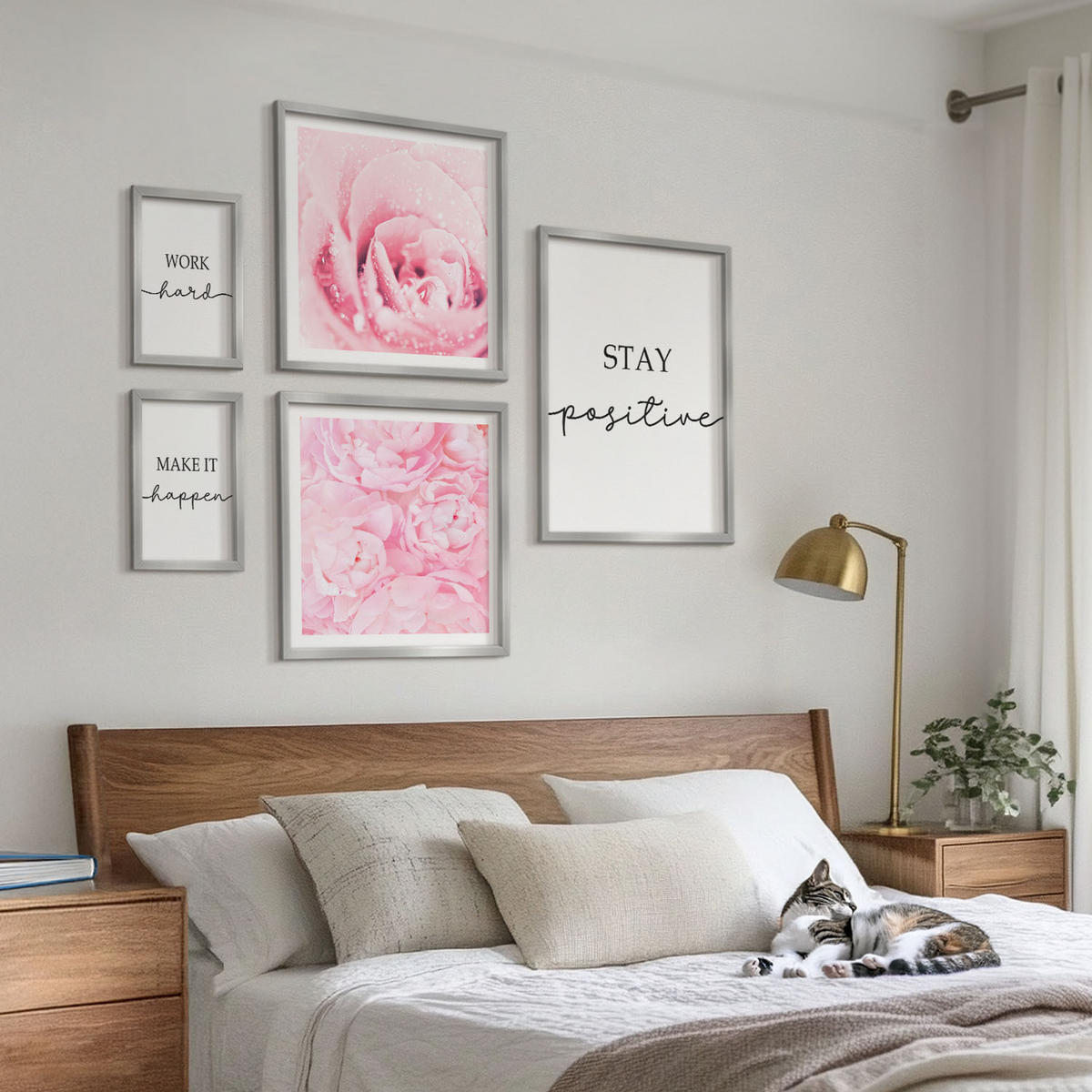 BILDER SET 5er Set - 50x50 cm & 20x30 cm & 40x60 cm Silberner Rahmen - Minimalistische rosa Blüten - Silberfarben, Kunststoff (40/60cm) - TULUP