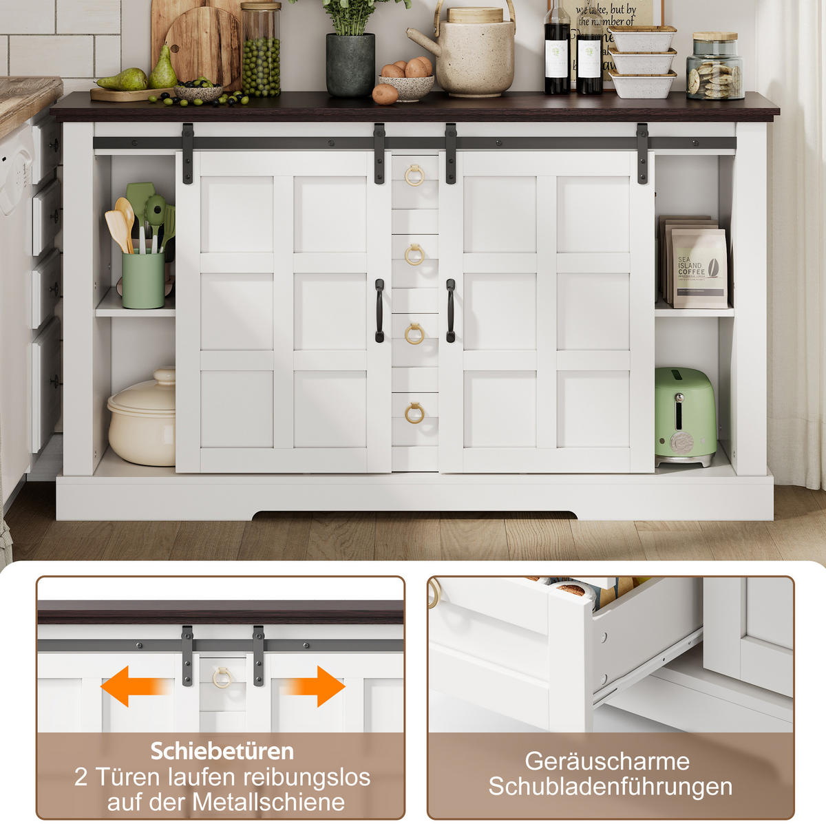 SIDEBOARD aus MDF 150x40x85 cm Weiß mit Schiebetüren, 4 Schubladen und verstellbaren Einlegeböden - Weiß, Holzwerkstoff (150/85/40cm) - Modfu