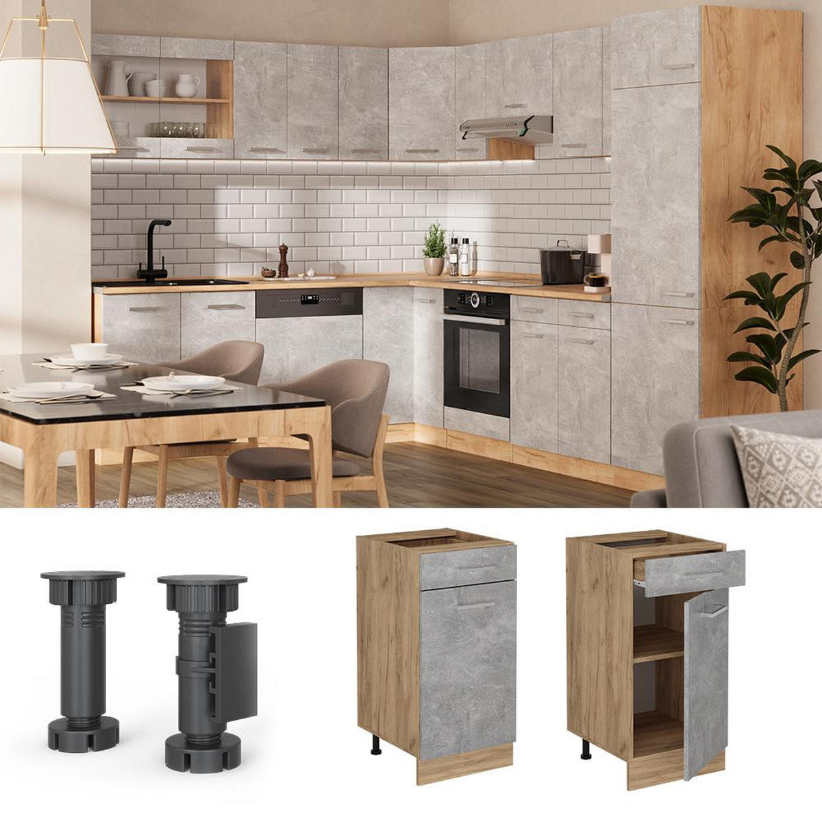 KÜCHENUNTERSCHRANK R-Line Beton 40 cm , AP Eiche - Honigeiche/Grau, Holzwerkstoff (40/81.6/60cm) - Vicco