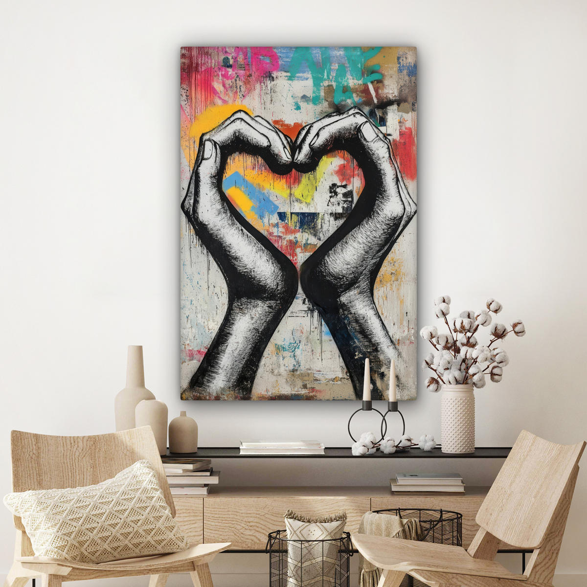 LEINWANDBILD - Hände - Herz - Straßenkunst - Graffiti - 80x120 - Wanddeko - Multicolor, Textil (80/120cm) - MuchoWow