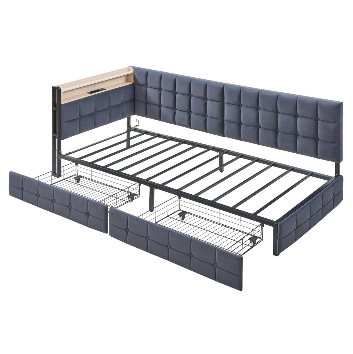 POLSTERBETT 90/200 cm Grau mit 2 Schubladen und LED-Beleuchtung - Grau, Textil (90/200cm) - Flora Grace