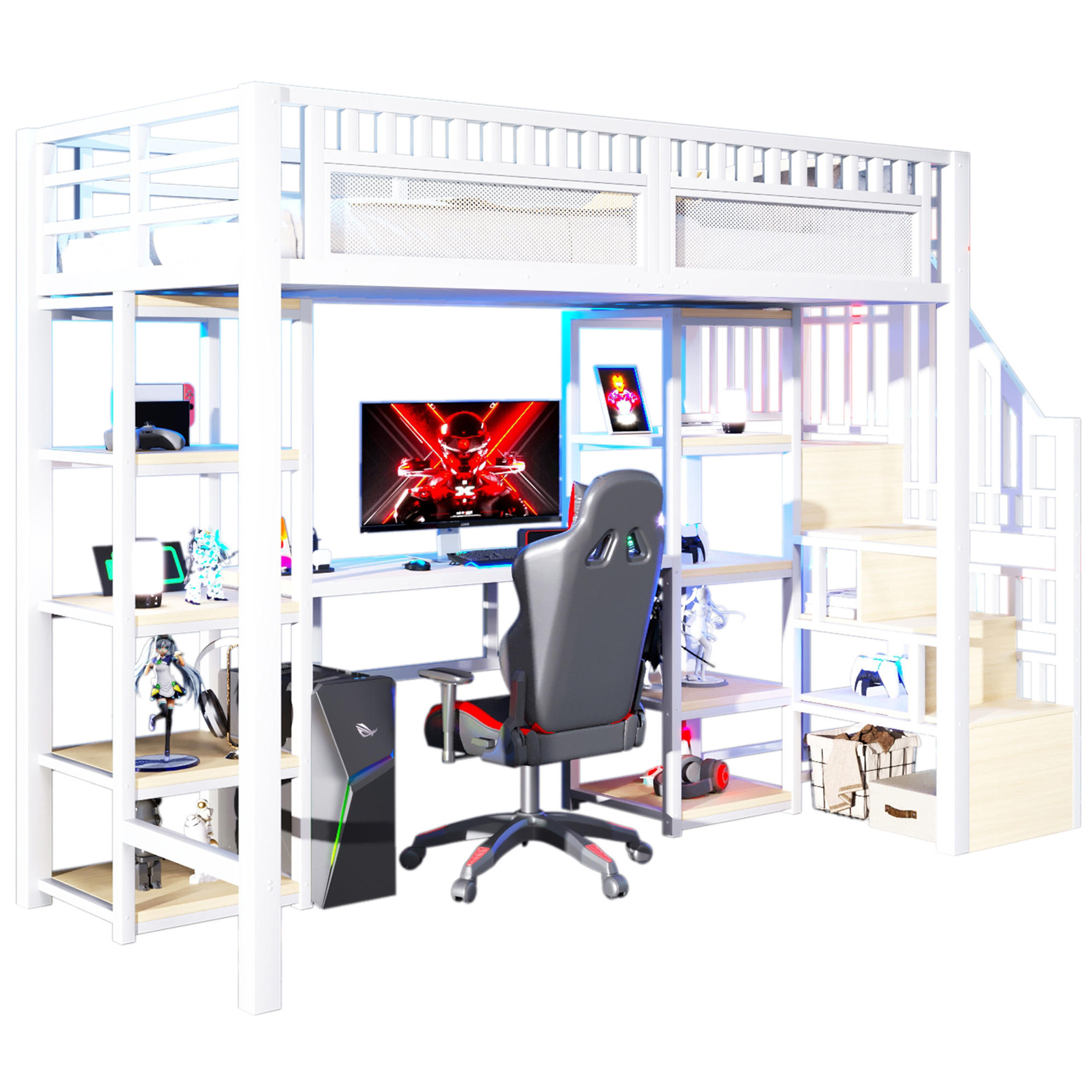 HOCHBETT 90/200 cm weiß aus Metall/MDF mit LED-Schreibtisch - Weiß, Metall (90/200cm) - OKWISH