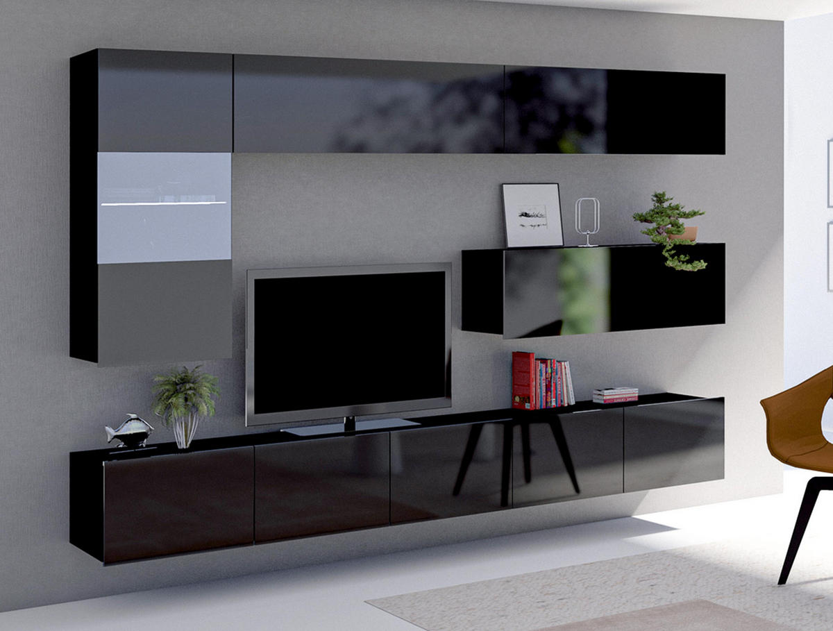 WOHNWAND Kossana 4 Modern Schwarz 255/142/43 cm Schrankwand - Schwarz, Holzwerkstoff/Kunststoff (255/142/43cm) - AX Living