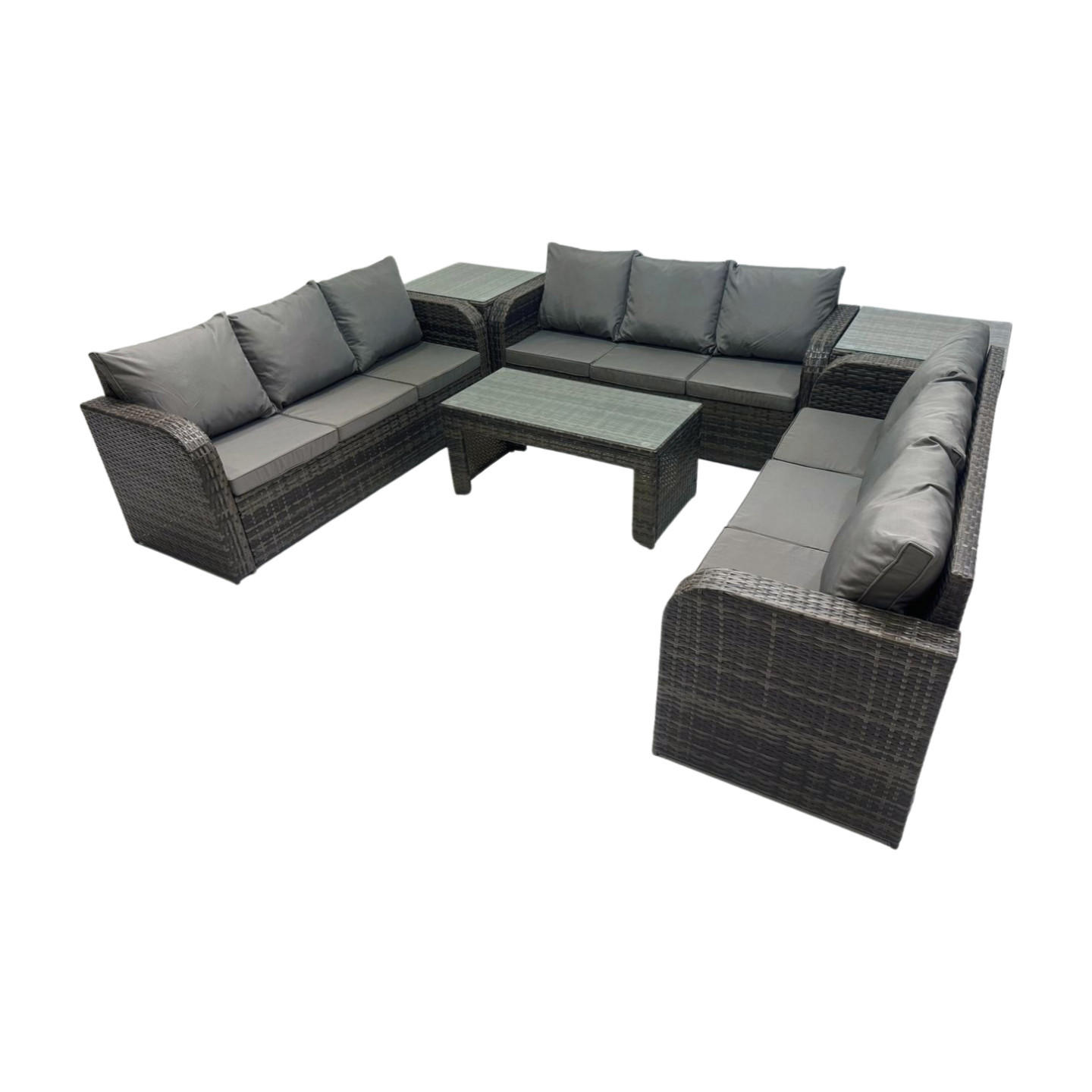 GARTENSOFA SET mit rechteckigem COUCHTISCH Polyrattan 9-Sitzer Dunkelgrau - Dunkelgrau/Grau, Glas/Kunststoff - Fimous