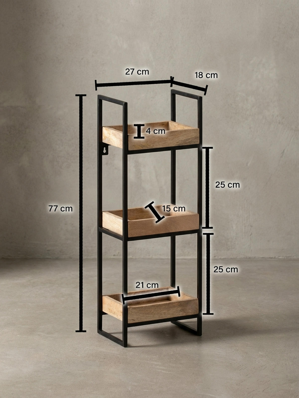 WANDREGAL Mango Massivholz Metall Industrial Stil 27x77x18 cm Rechteckig mit 3 Ablagen - Schwarz/Braun, Holz (27/77/18cm) - KADIMA DESIGN