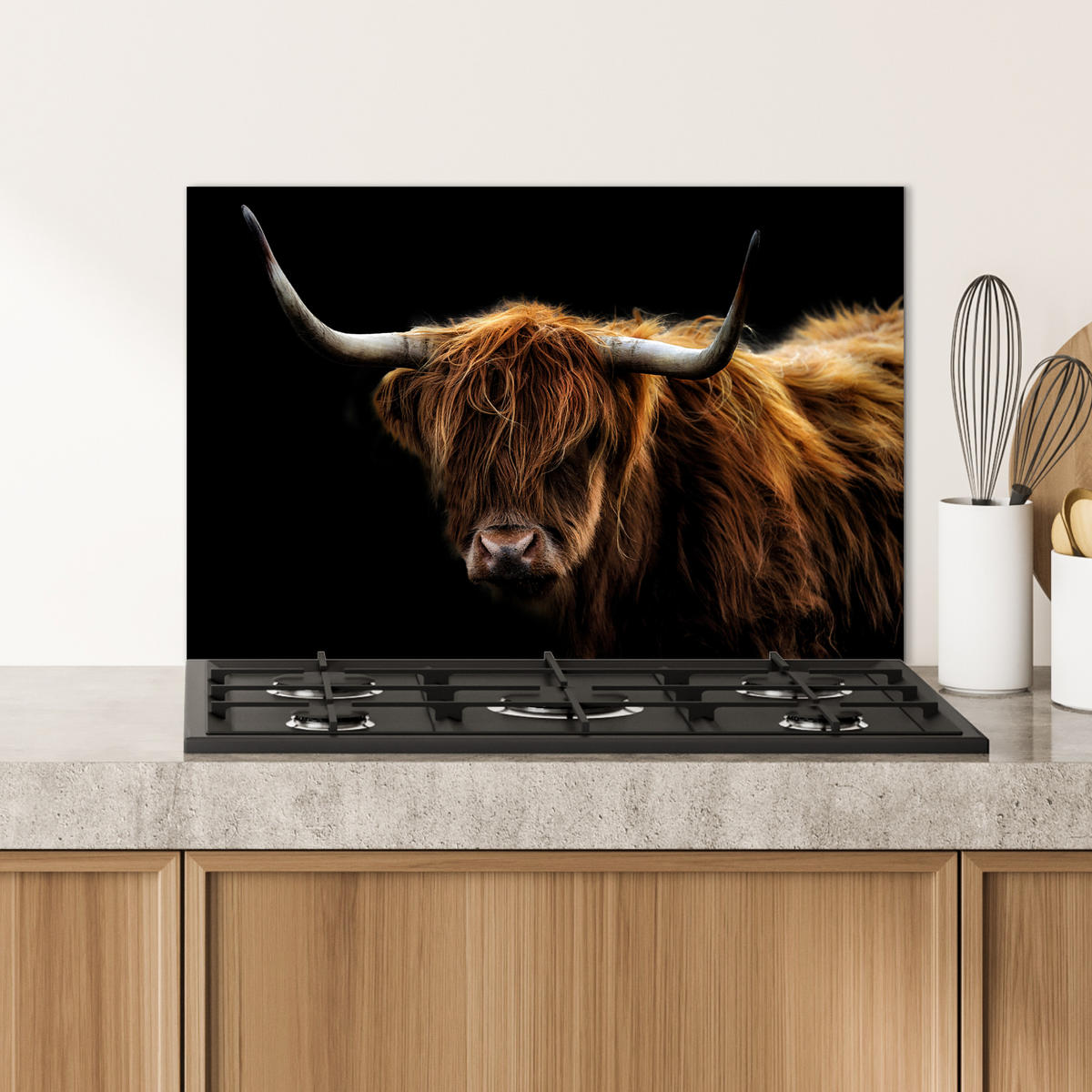 SPRITZSCHUTZ KÜCHE Schottischer Highlander - Hörner - Schwarz - Tiere - Natur - Wild - Kuh 60x40 cm - Cognac, Metall (60/0.3/40cm) - MuchoWow