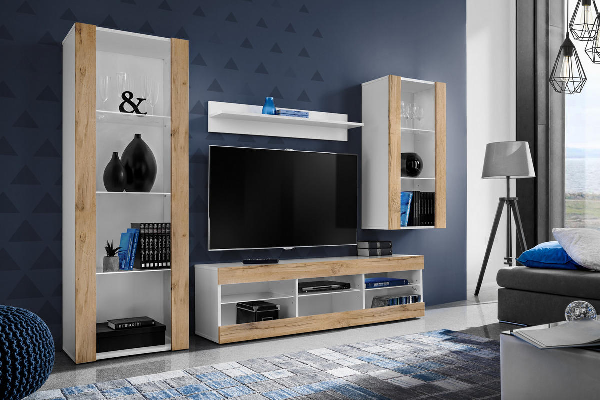 WOHNZIMMERSET TIVOLI MEDIO, 4er-Set, Eiche Wotan - Eiche Wotan/Weiß, Glas/Holzwerkstoff (245/159/35cm) - Komodee