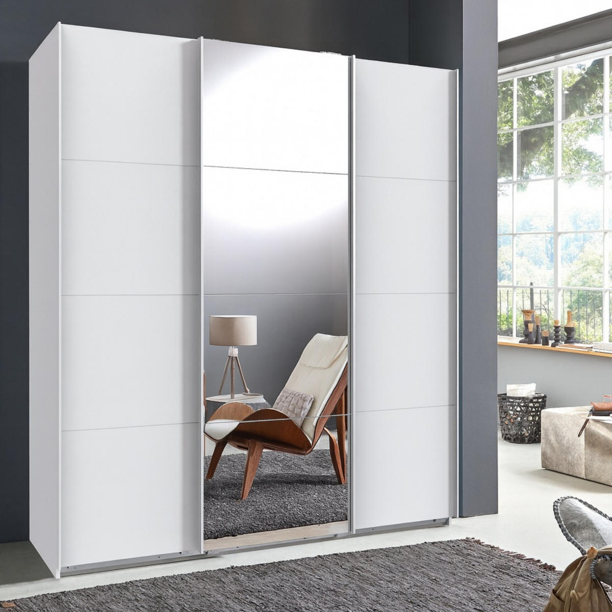 SCHWEBETÜRENSCHRANK 3-türig in Weiß, eine Tür mit Spiegel, B180/H208/T64 cm / 22511 - Weiß, Holzwerkstoff/Metall (180/208/64cm) - luma-home