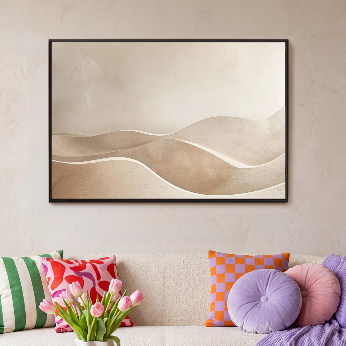 LEINWAND Bilder mit Rahmen - Beige - Natur - Abstrakt - Modern - 90x60 - Beige, Textil (90/60cm) - MuchoWow