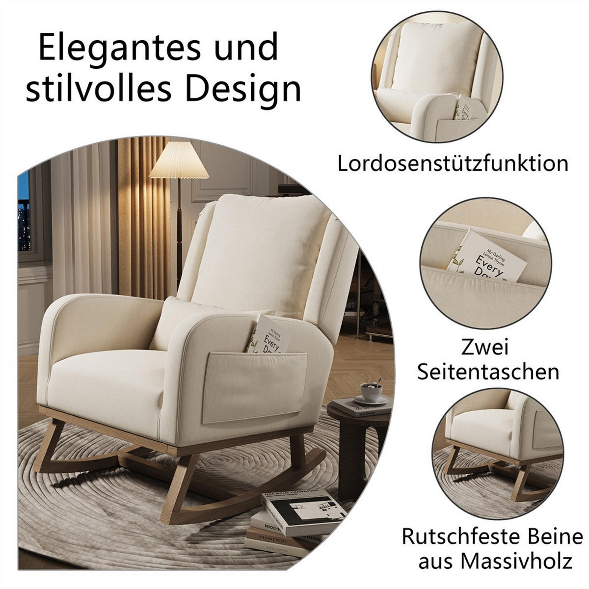 SCHAUKELSTUHL aus Baumwolle-Leinen-Gemisch mit beidseitigen Taschen - Beige - Beige, Textil (68/96/93cm) - DELFA