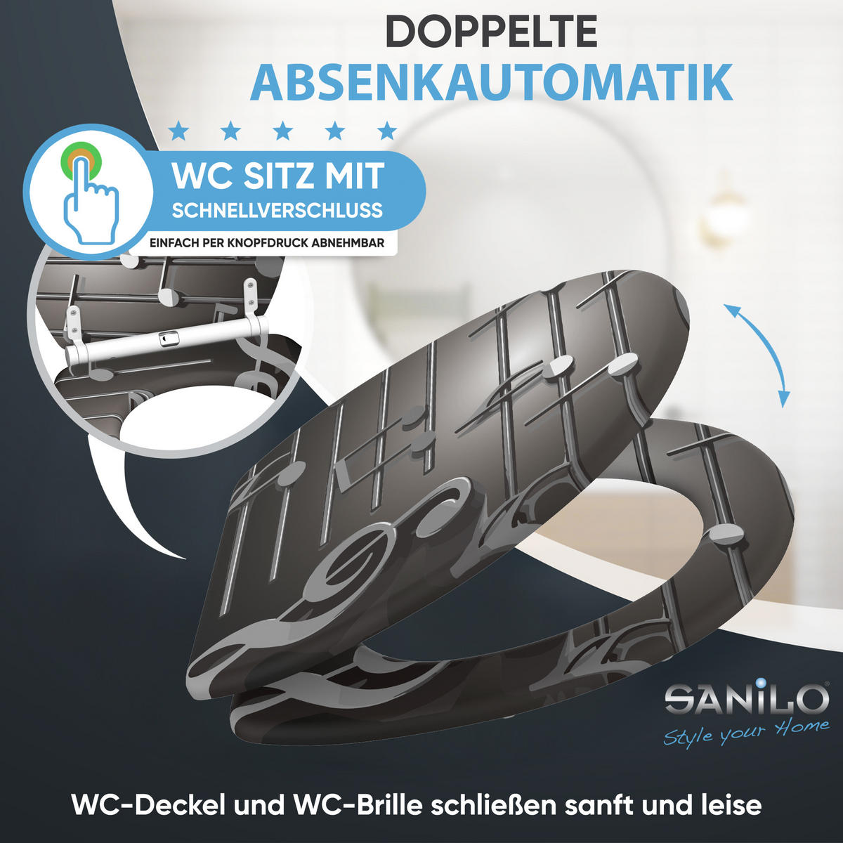 WC-SITZ Absenkautomatik Musical Notes - Grau, Holzwerkstoff (37.7/5.5/48cm) - Sanilo