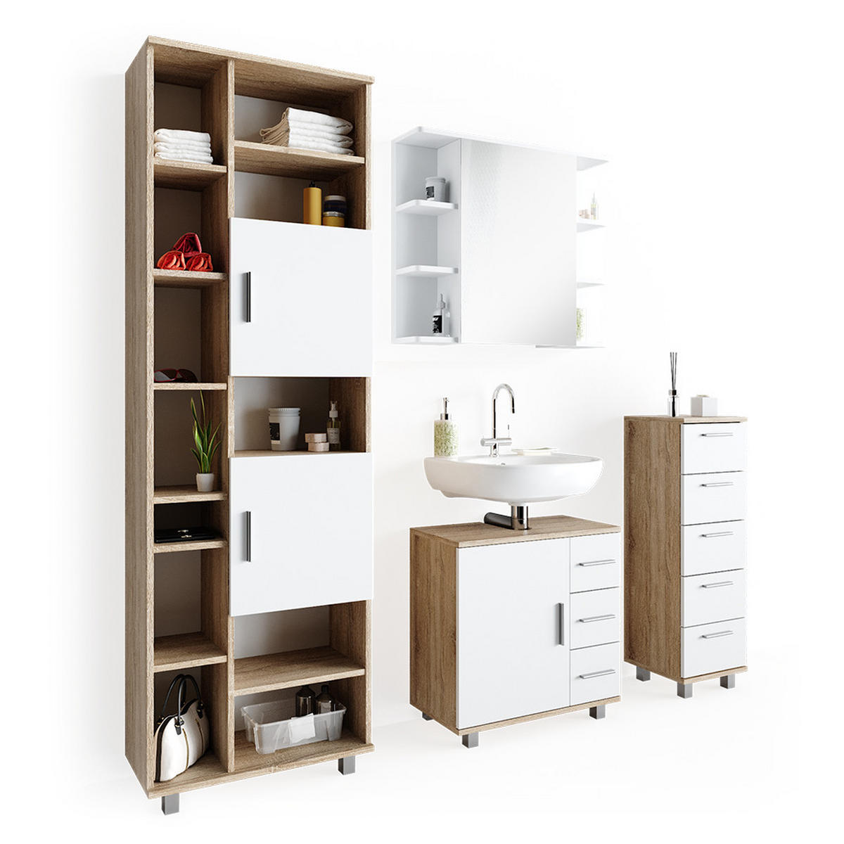 BADMÖBEL-SET Ilias Sonoma 4 Teile - Weiß/Sonoma Eiche, Holzwerkstoff (60/60/33cm) - Vicco