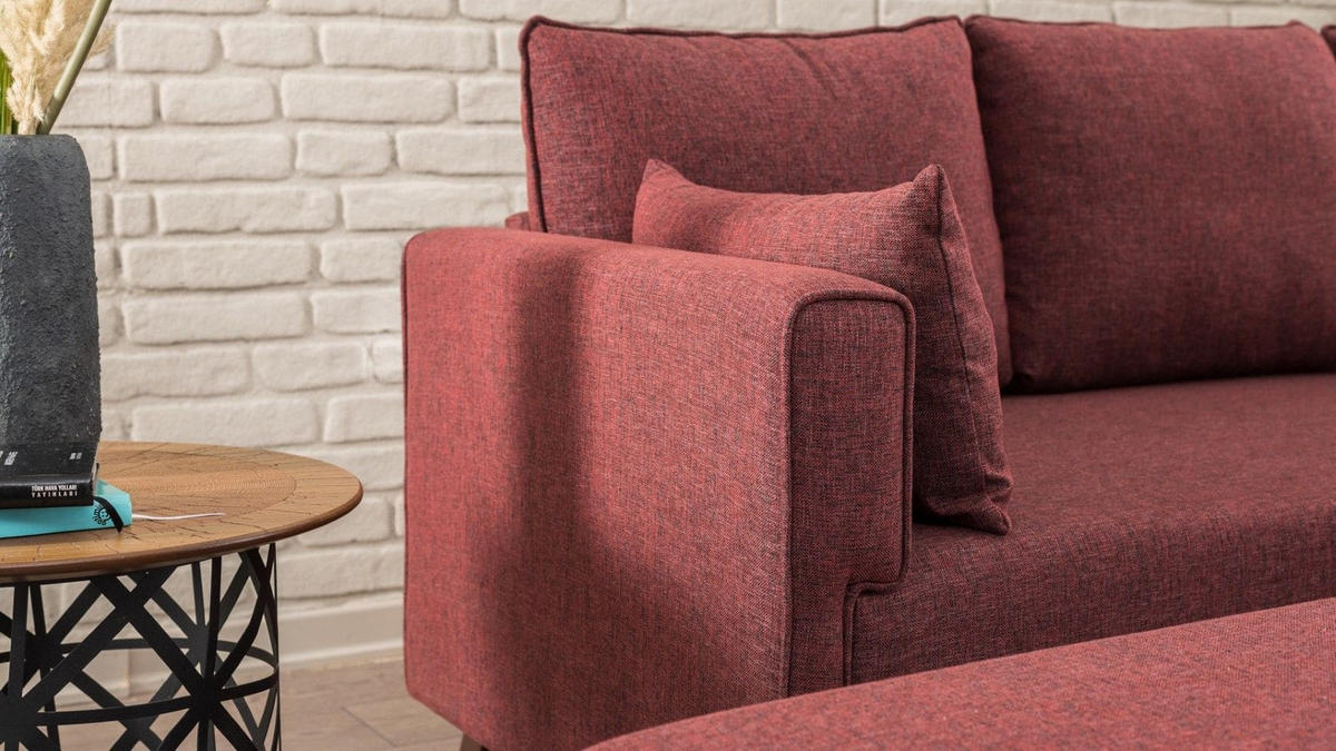 ECKSOFA mit Hocker als Schlaffläche, perfekt für kleine Räume - Rot/Braun, Holz/Kunststoff (140/205cm) - myHomelando