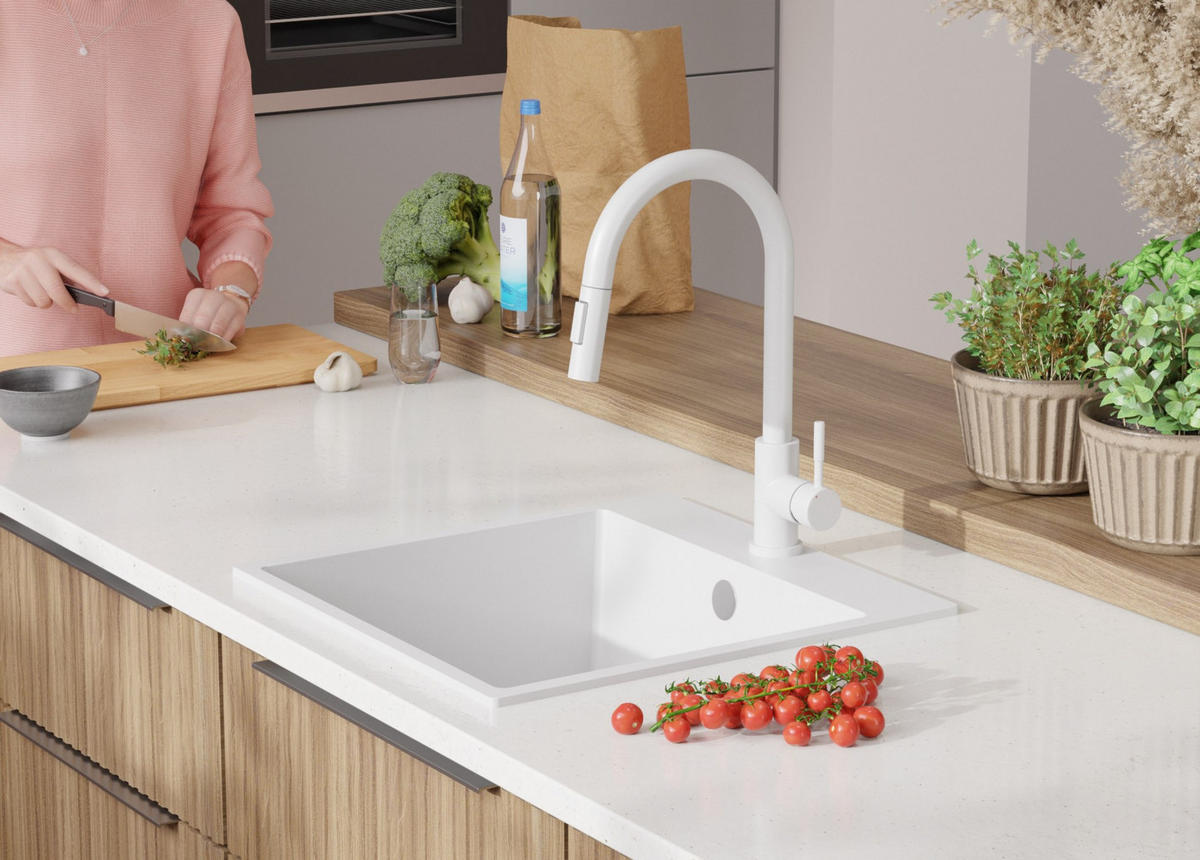 GRANITSPÜLE Riga, 2-er set Weiß 48/50 cm 1 Becken + Küchenarmatur 32/20 cm + Ablauf-Set ab 50er Unterschrank - Chromfarben/Weiß, Kunststoff (48/20/50cm) - Primagran