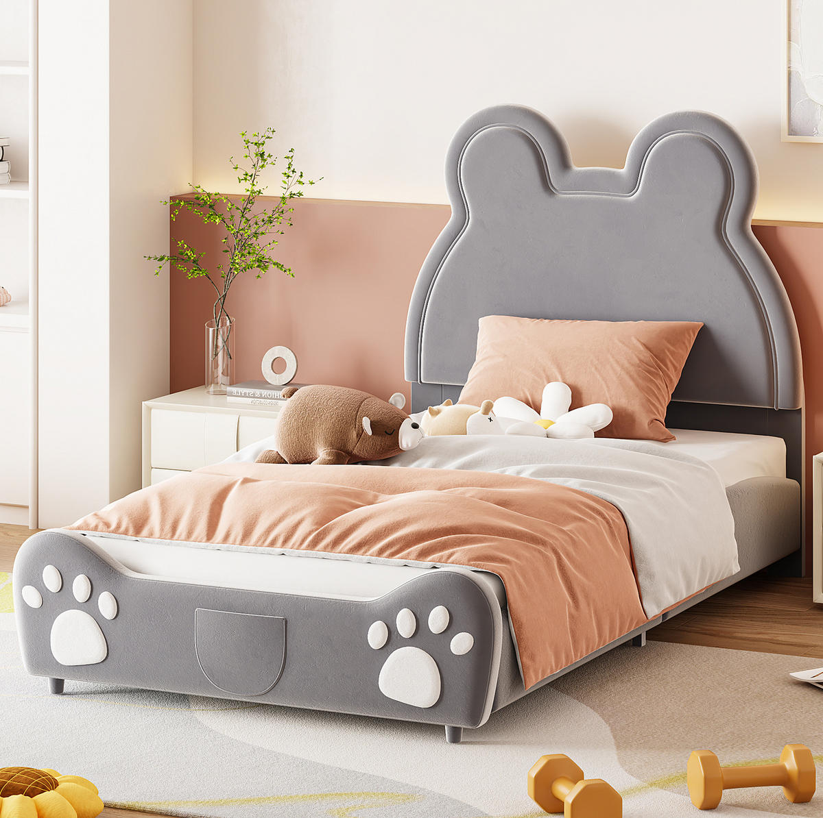 POLSTERBETT 90/200 cm Bärenform grau aus Samt - Grau, Textil (90/200cm) - OKWISH