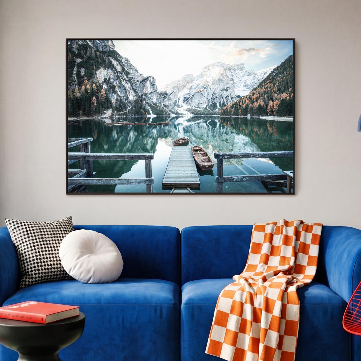 LEINWAND Bilder mit Rahmen - Natur - Berge - Schnee - Wald - Boot - 90x60 - Hellgrün, Textil (90/60cm) - MuchoWow