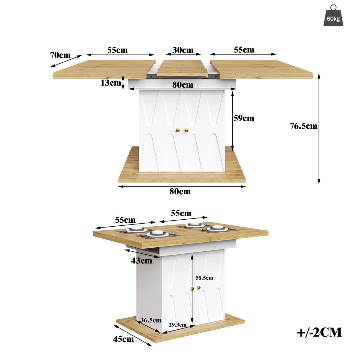 ESSTISCH ausziehbar mit Stauraum, MDF & Metall, 110(140)/70/76,5 cm, Weiß - Weiß, Holzwerkstoff (110/70/76.5cm) - Redom