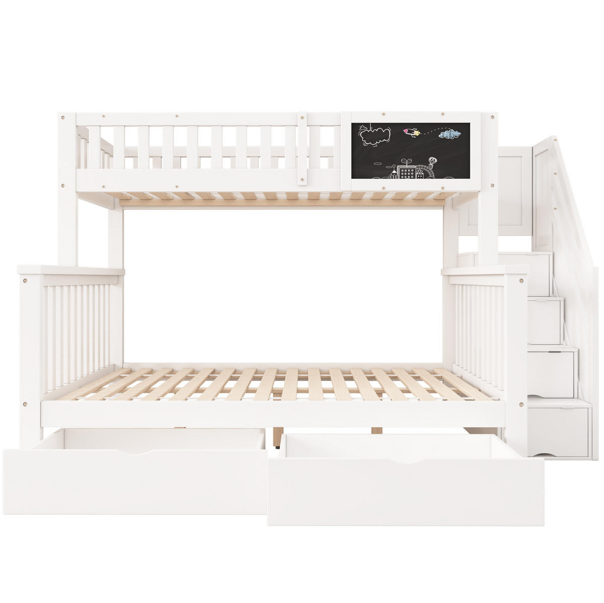 ETAGENBETT 90/200 + 140/200 cm mit Tafel, Stauraumtreppe und Schubladen aus Massivholz, Weiß - Weiß, Holz (90/200cm) - Redom