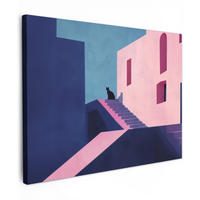 LEINWANDBILD Katze - Treppe - Gebäude - Schattenkontraste Wandbilder 80x60 cm - Dunkelblau, Textil (80/60cm) - MuchoWow
