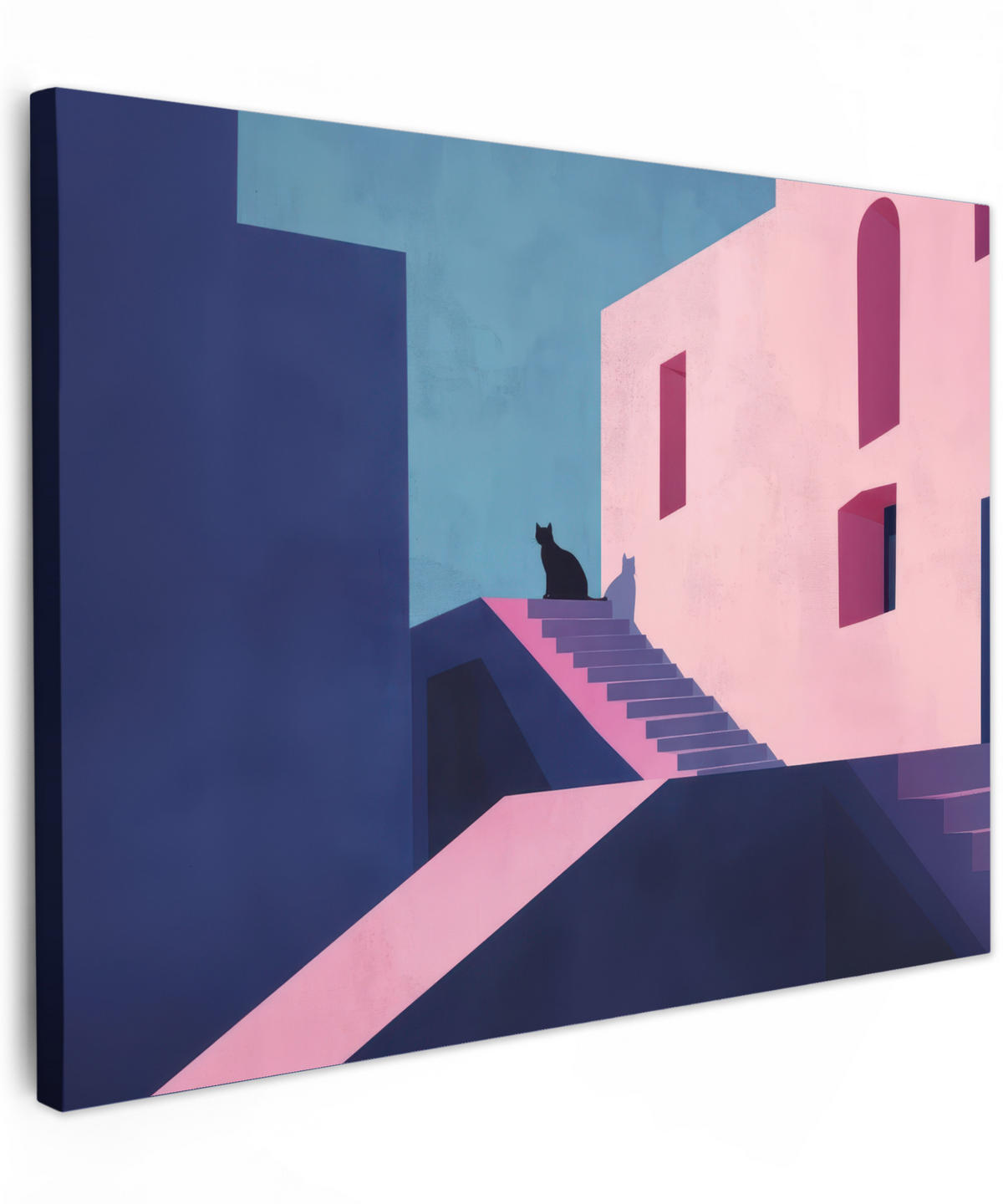 LEINWANDBILD Katze - Treppe - Gebäude - Schattenkontraste Wandbilder 80x60 cm - Dunkelblau, Textil (80/60cm) - MuchoWow