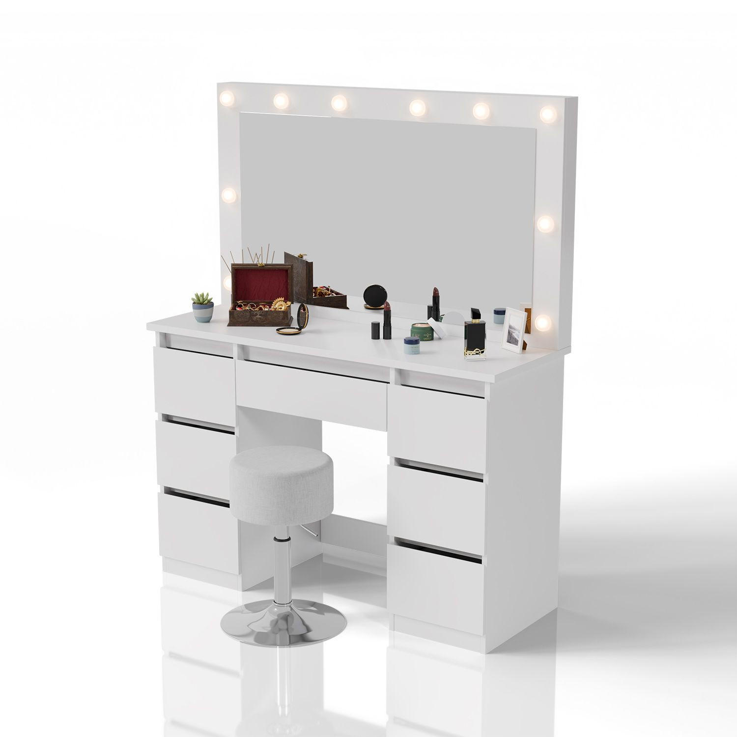 SCHMINKTISCH Lilia weiß mit LED-Beleuchtung und Hocker Tonia - Weiß, Holz (108/140/41cm) - Juskys