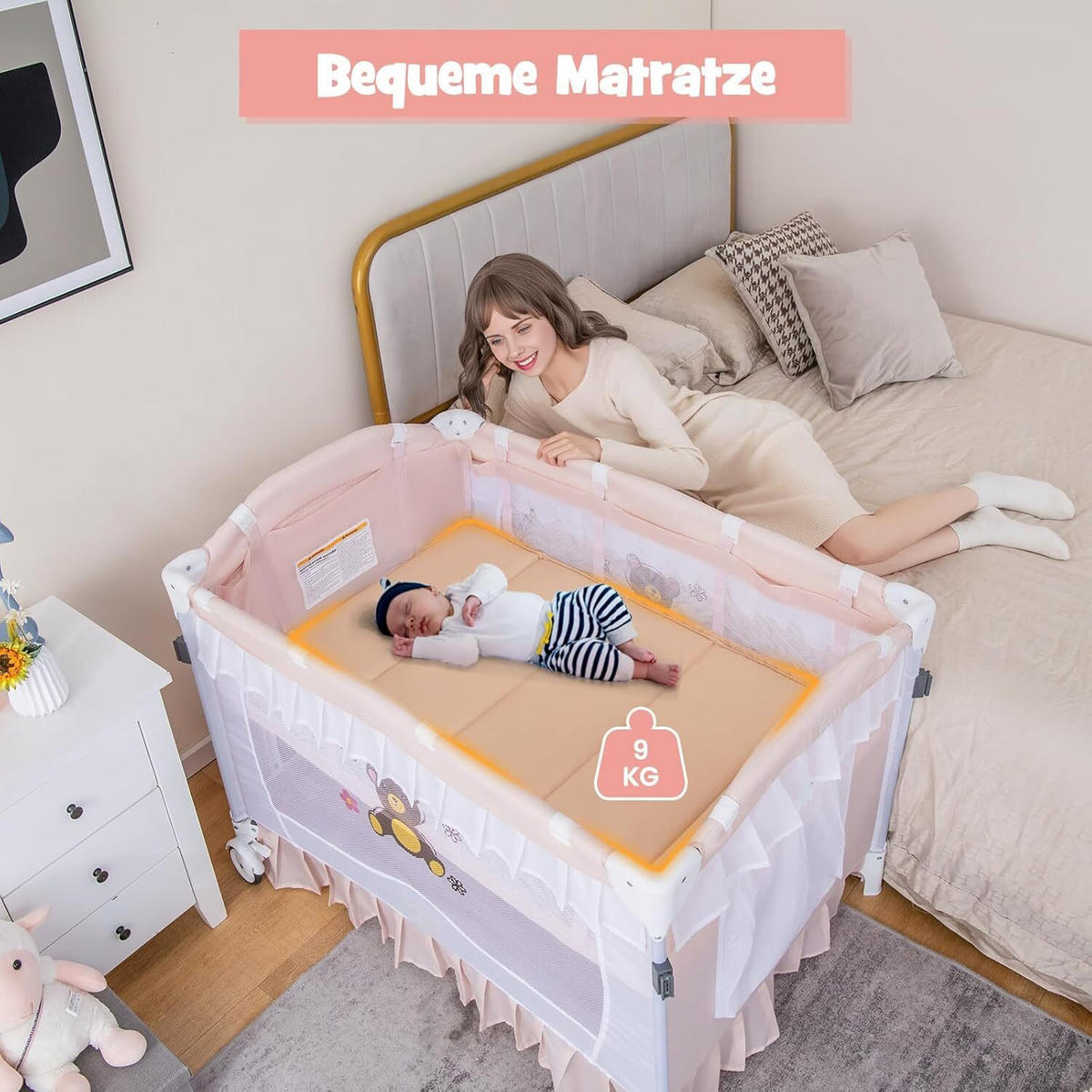 BABYBETT mit abnehmbarem Baldachin rosa - Pink, Textil - COSTWAY