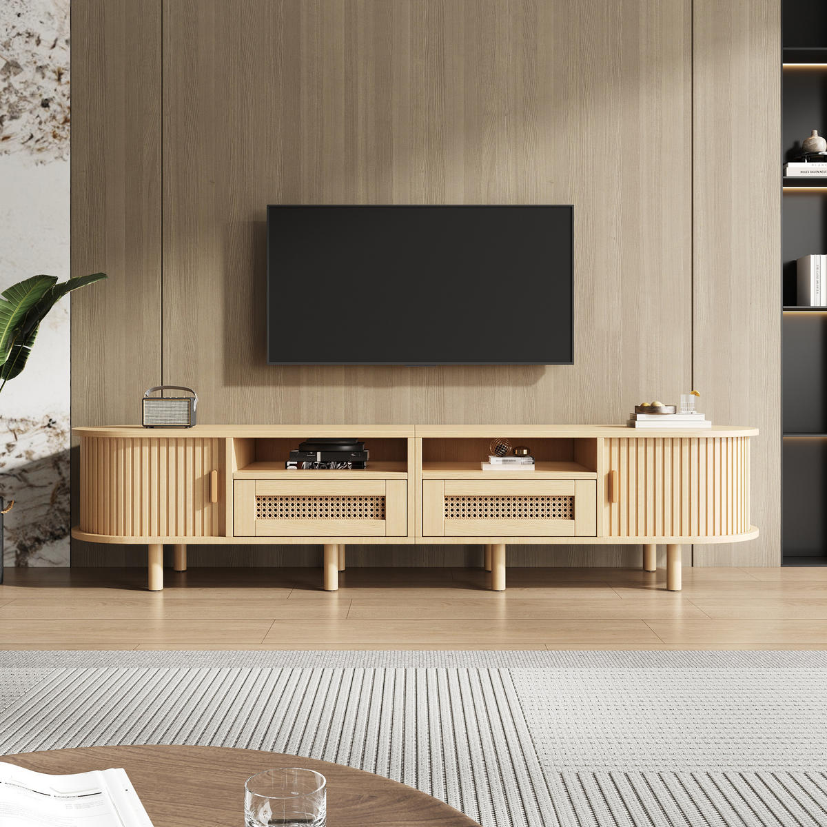TV-STÄNDER 170/40/40 cm helles Holz MDF mit 2 Rattan Schubladen und 2 Schiebetüren - Naturfarben, Holzwerkstoff (170/40/40cm) - OKWISH