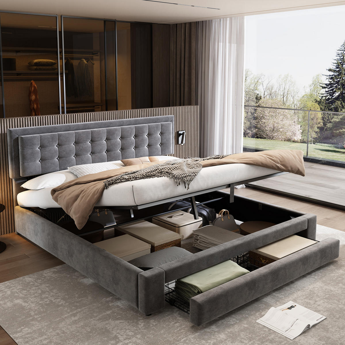 BETT mit Stauraum 160x200 cm Samt Grau - Grau, Metall (160/200cm) - Meubliv